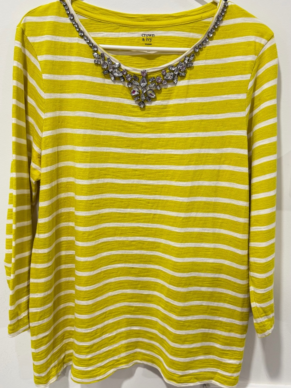 crown & ivy Yellow and White Striped Embellished Boatneck Top - Picture 2 of 7